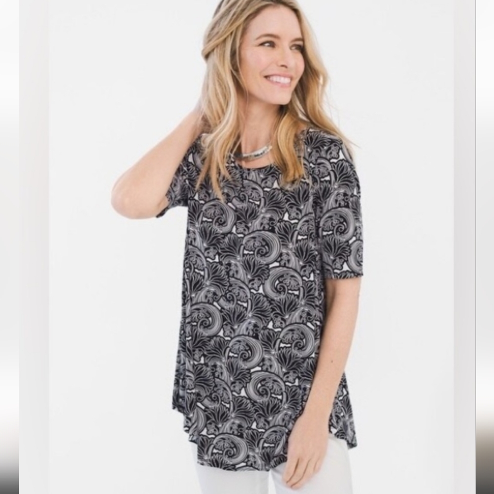CHICO'S 2/L 12 Floral Swirls Black & White Top